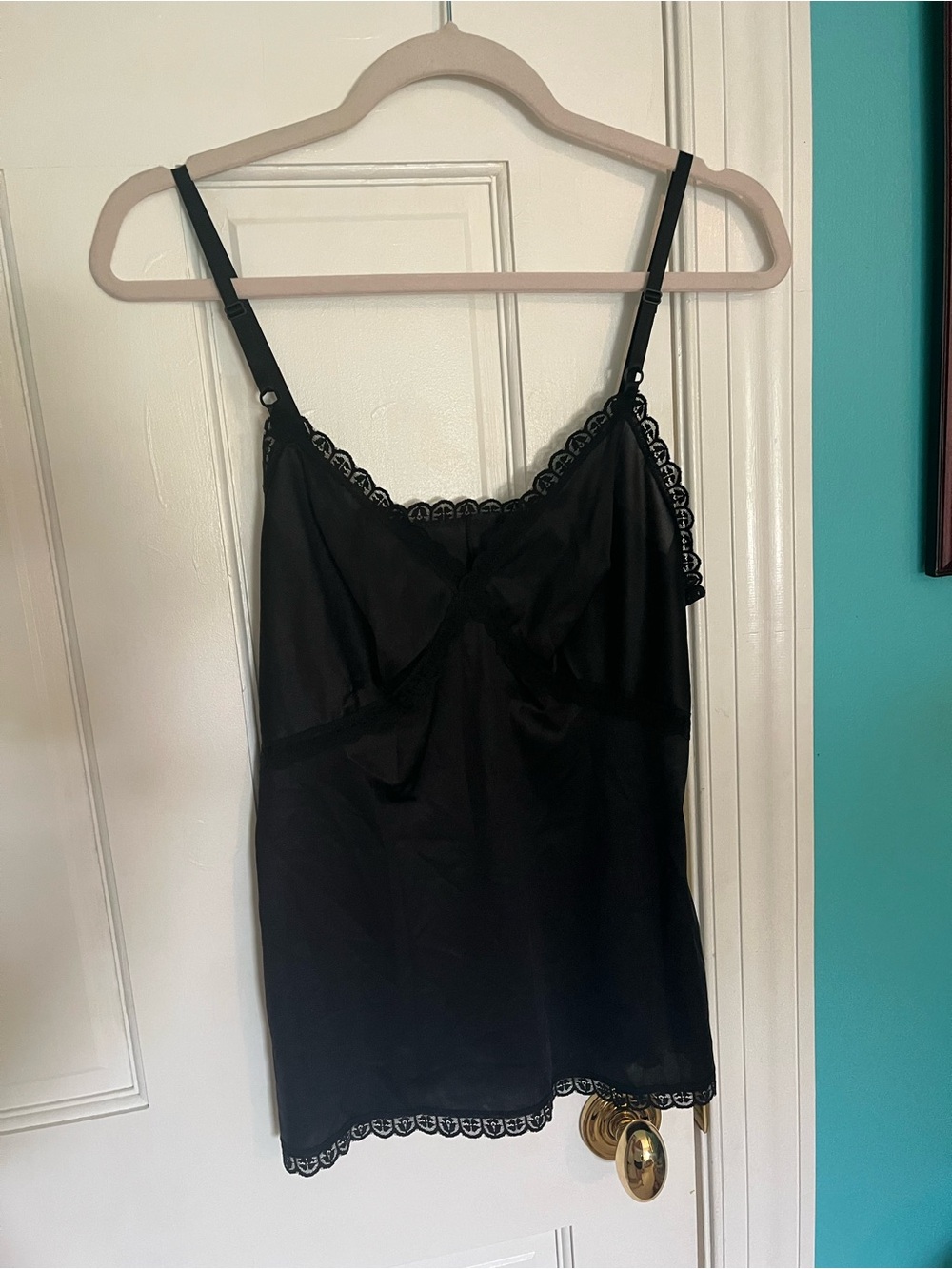 Vintage Sears Black Lace-Trim Satin Chemise Slip Top